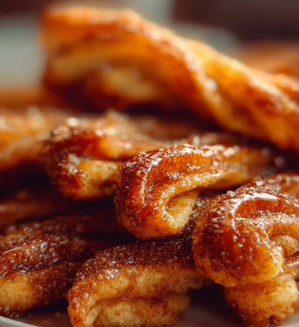 Freshly baked Cinnamon Twists with a golden brown crust and sweet cinnamon topping