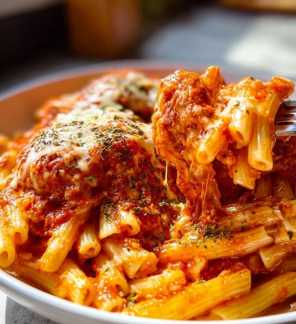 Plate of Classic Chicken Parmesan Pasta with crispy chicken and marinara sauce