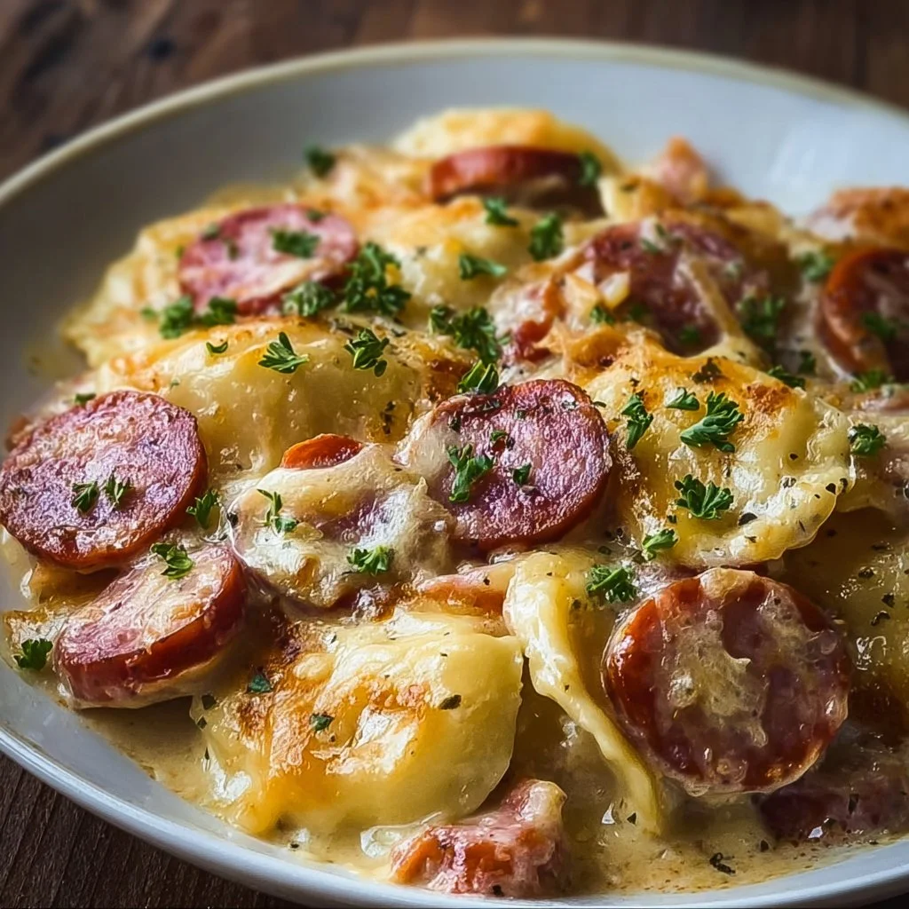 Bowl of classic Crockpot Pierogi Casserole with Kielbasa served with herbs.