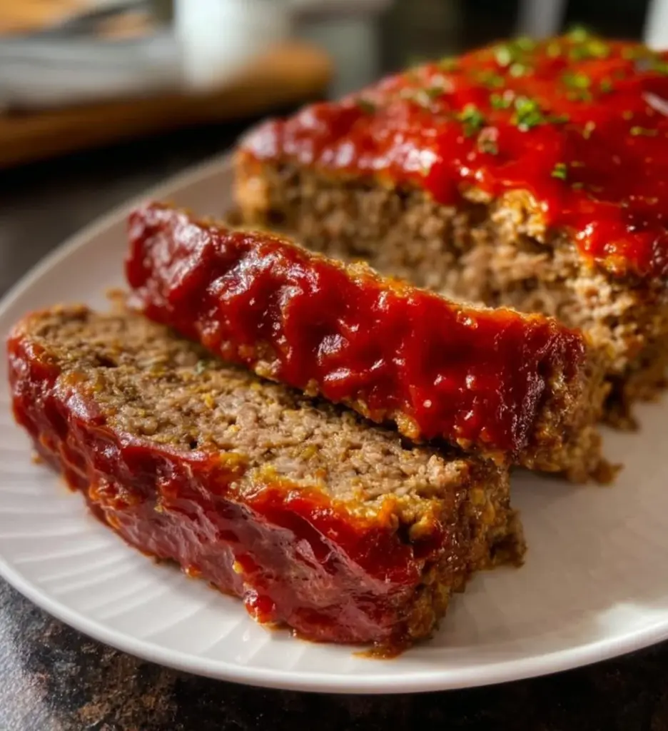 Classic Keto Meatloaf served on a plate with garnish.