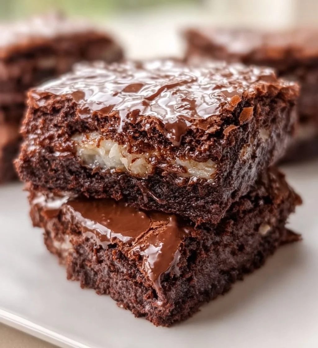 Delicious homemade Coconut Brownies topped with shredded coconut.