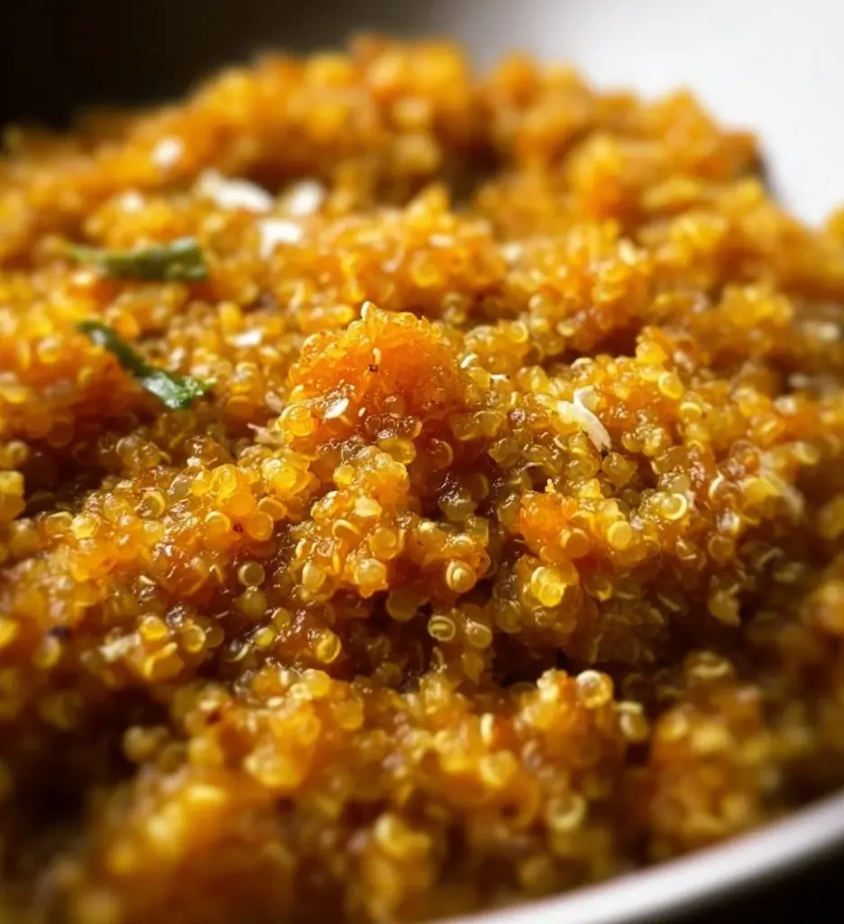 Bowl of coconut curry quinoa garnished with fresh herbs and vegetables