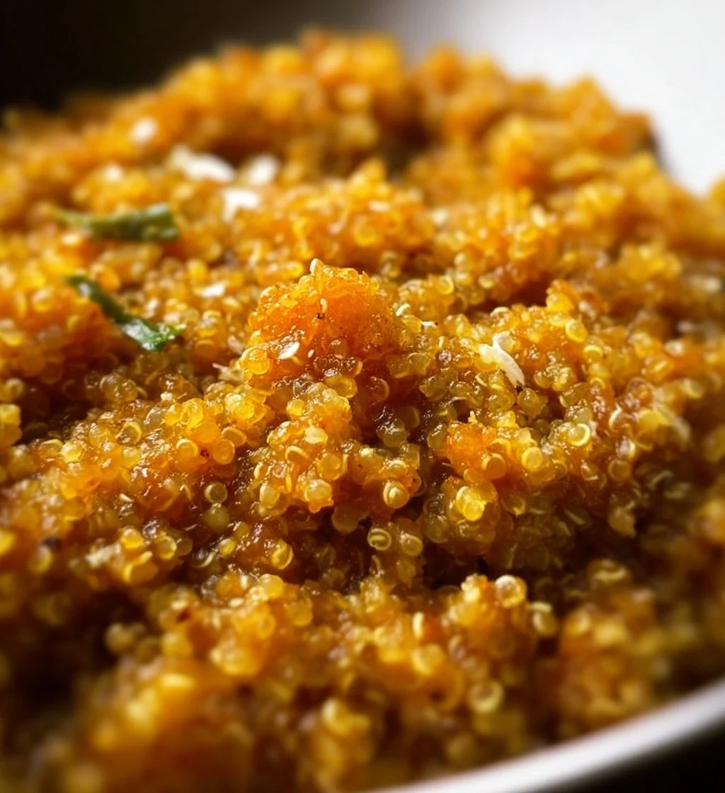 Bowl of coconut curry quinoa garnished with fresh herbs and vegetables