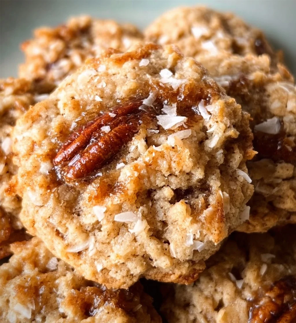 Homemade Coconut Pecan Cookies with coconut flakes and pecans.