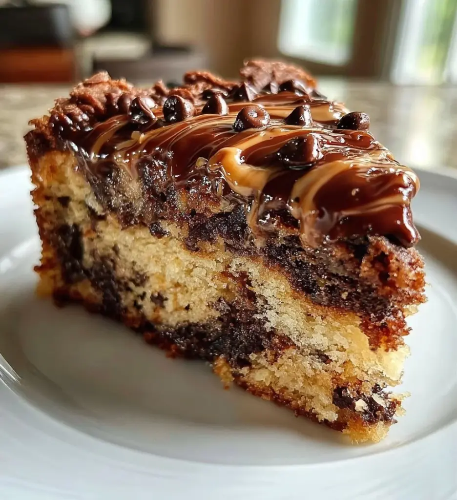 Delicious slice of Cookie Dough Cake with chocolate chips and frosting.