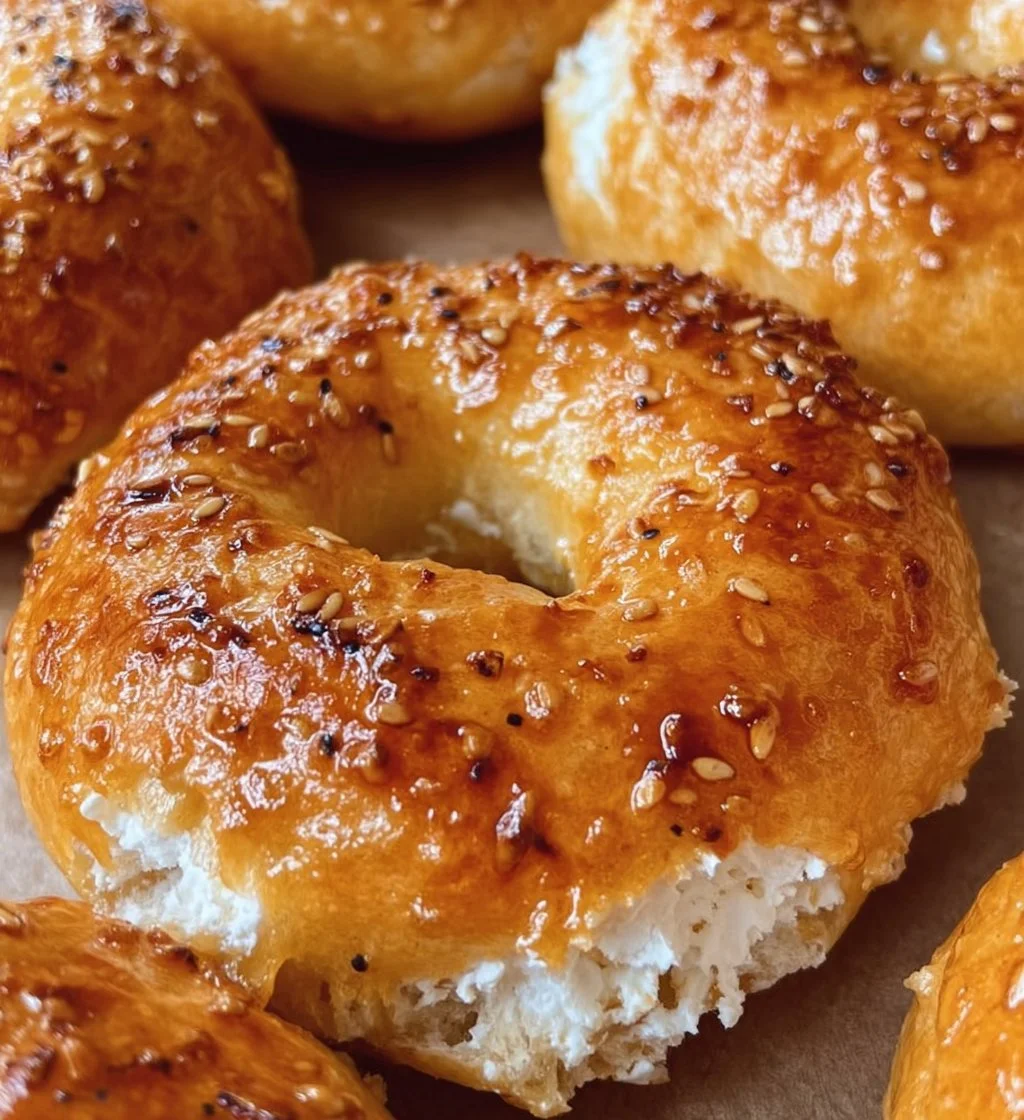 Freshly baked cottage cheese bagels on a wooden table
