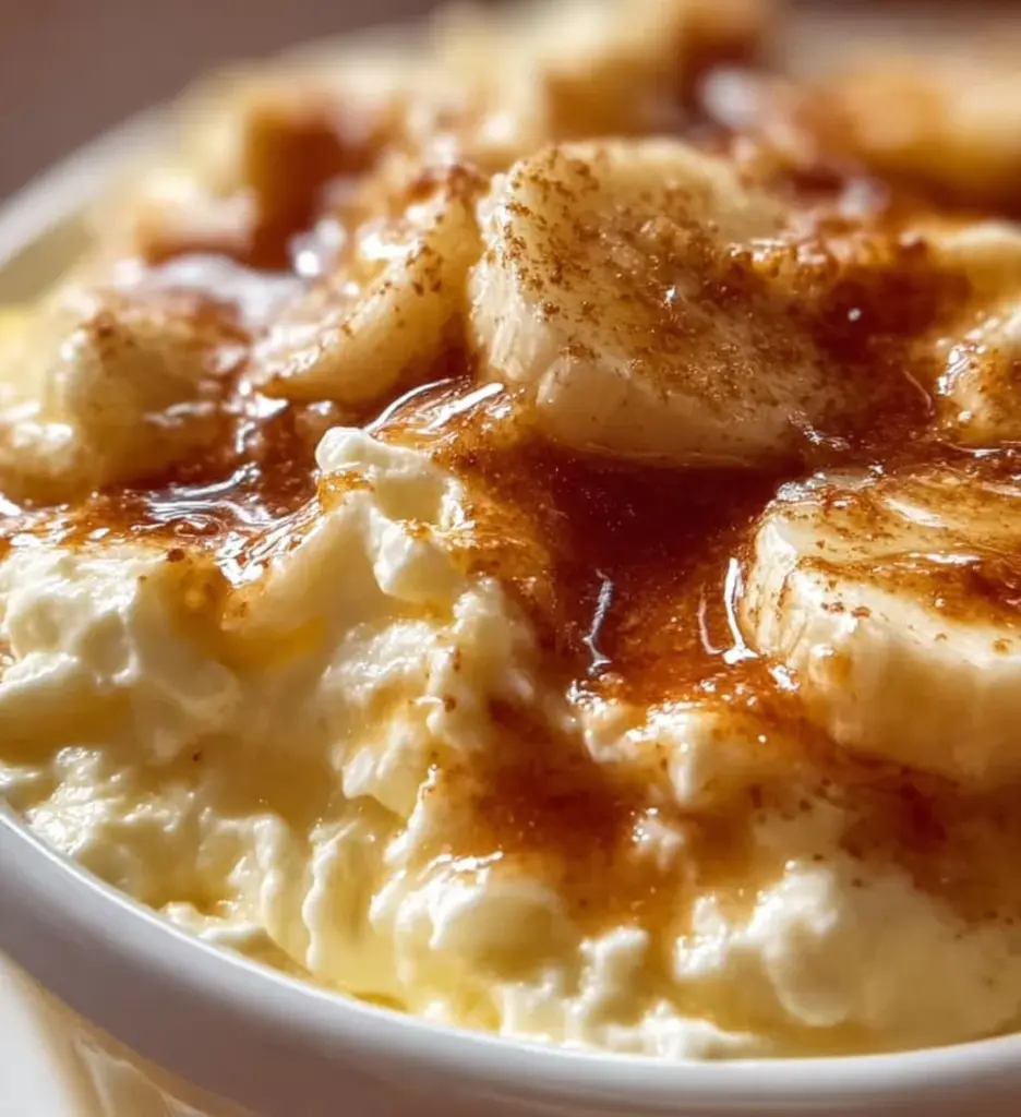 Bowl of cottage cheese banana pudding topped with banana slices and whipped cream