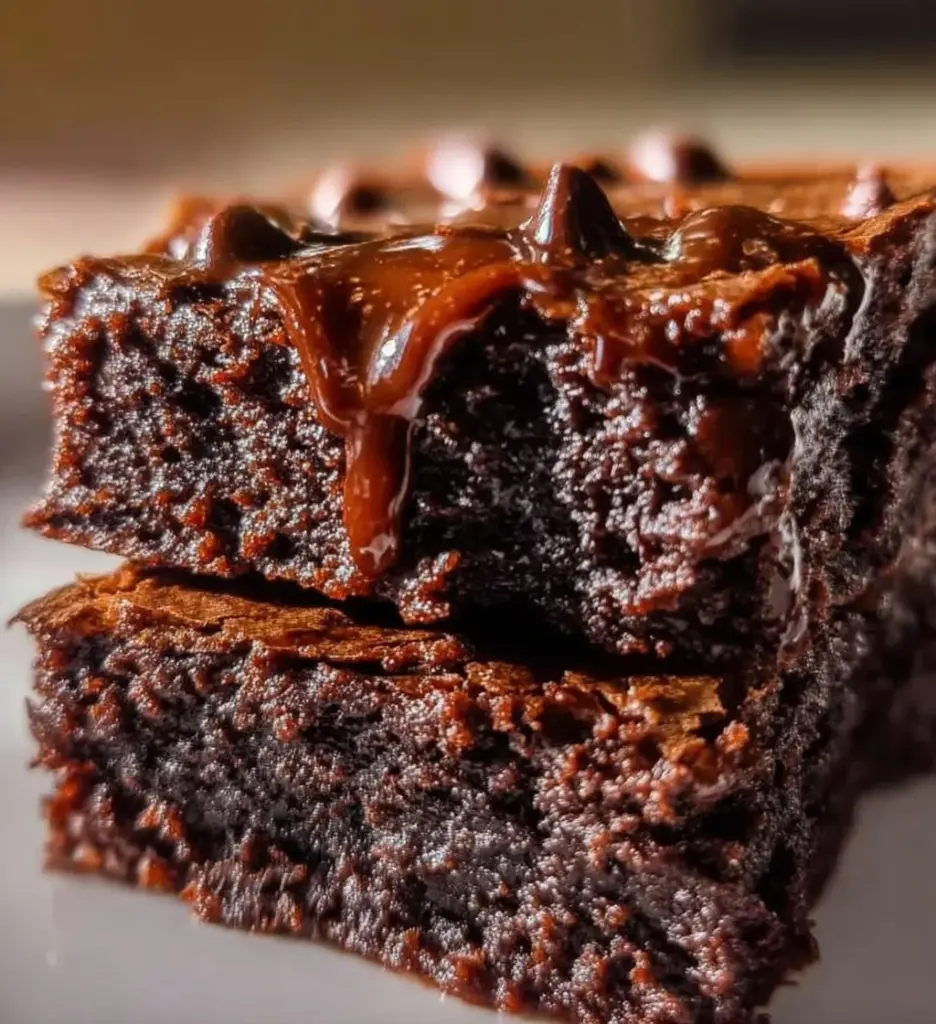 Cottage cheese brownies topped with chocolate drizzle and nuts, healthy dessert option