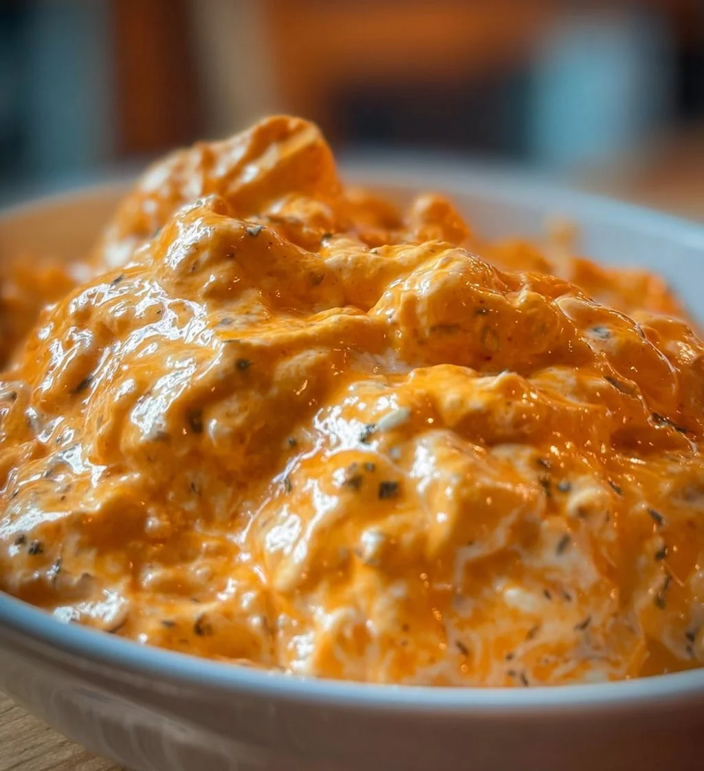 Delicious Cottage Cheese Buffalo Chicken Dip served in a bowl