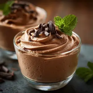Creamy Cottage Cheese Chocolate Mousse dessert topped with chocolate shavings.