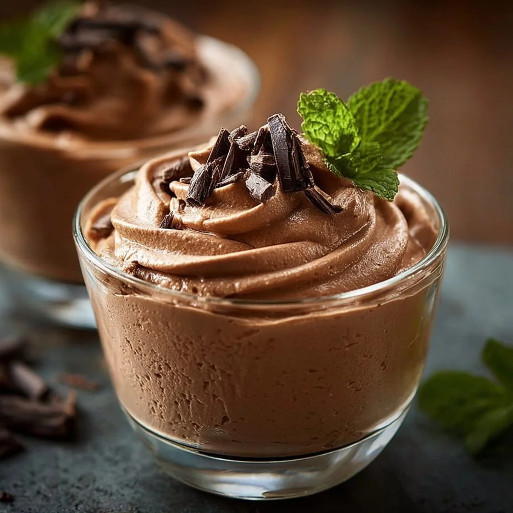Creamy Cottage Cheese Chocolate Mousse dessert topped with chocolate shavings.