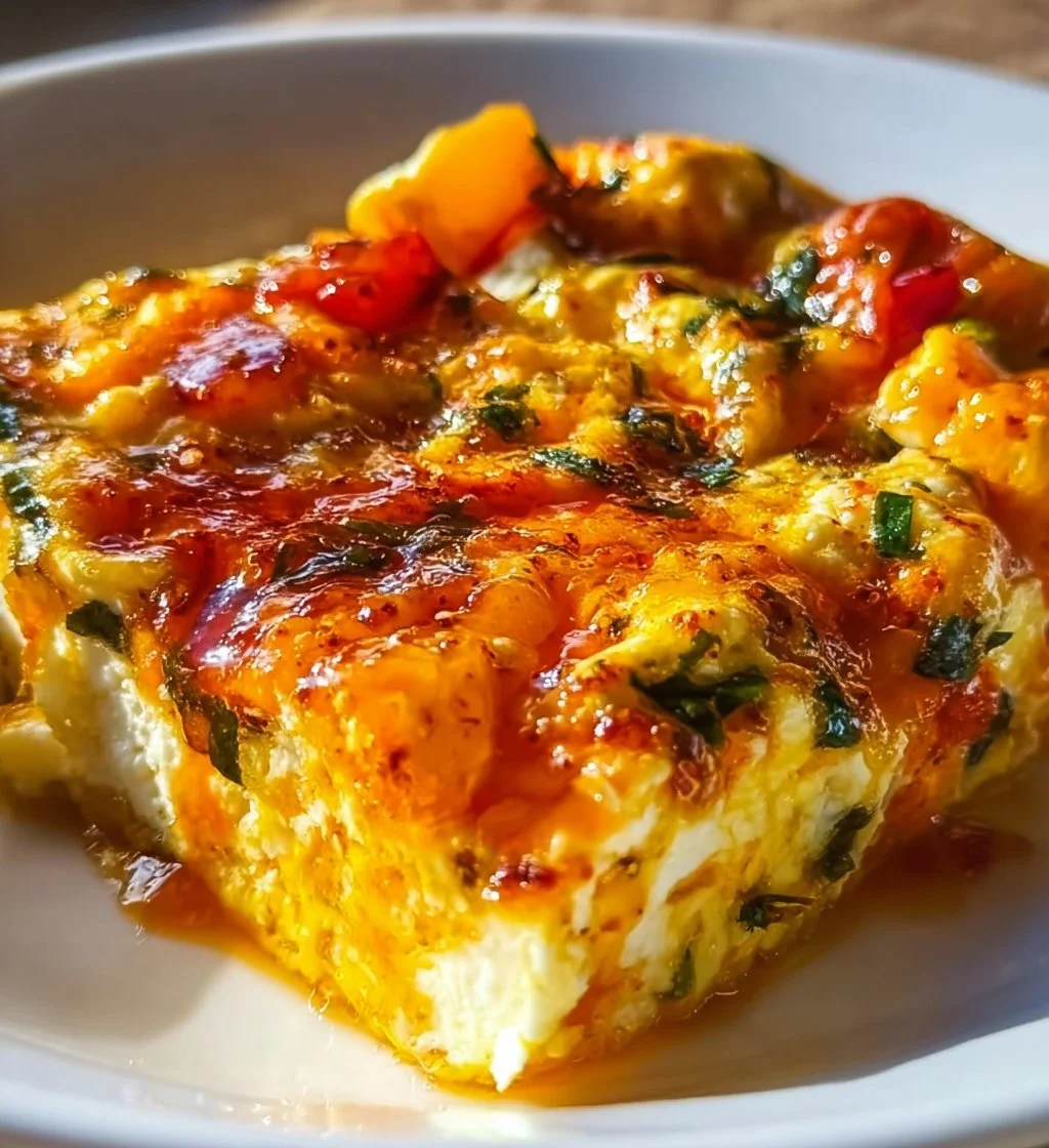 Delicious cottage cheese egg bake served in a baking dish with herbs