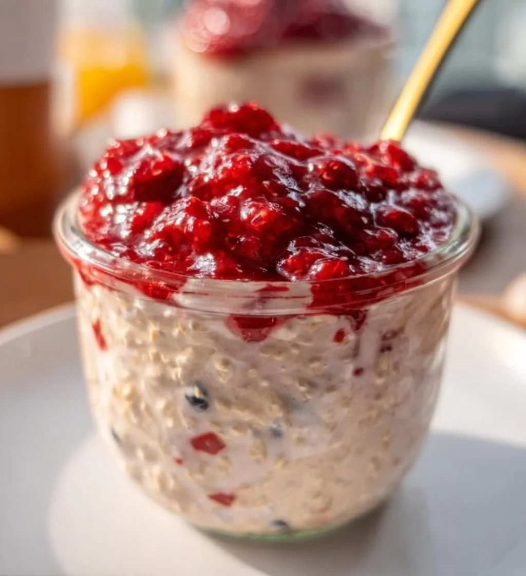 Bowl of cottage cheese overnight oats topped with fruits and nuts