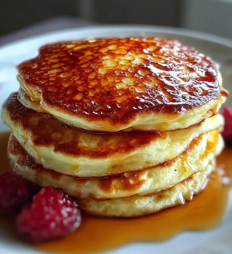 Fluffy cottage cheese pancakes stacked on a plate with syrup and berries