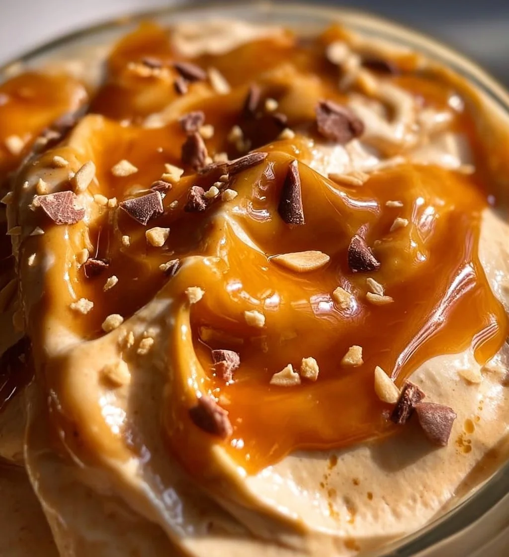 Cottage Cheese Peanut Butter Mousse in a decorative bowl topped with peanuts