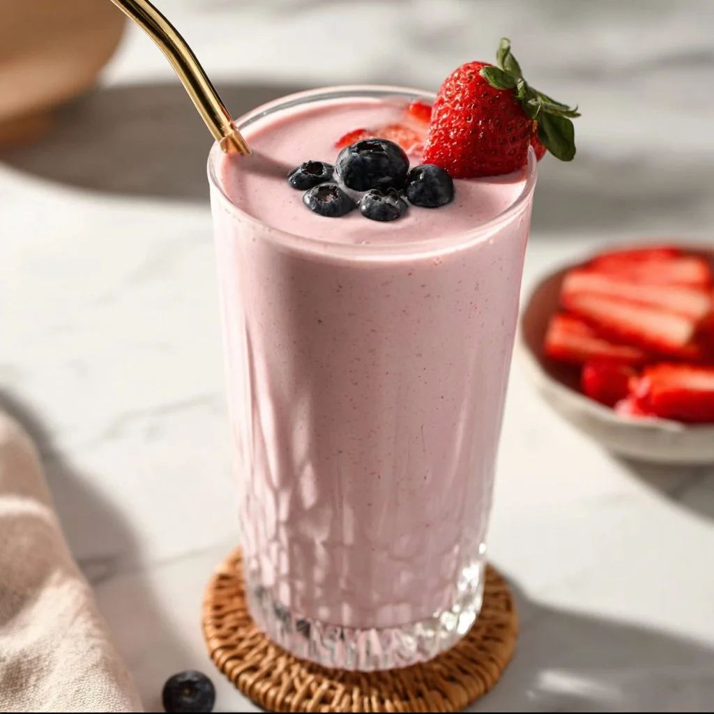 Cottage cheese smoothie with fruits and yogurt in a glass