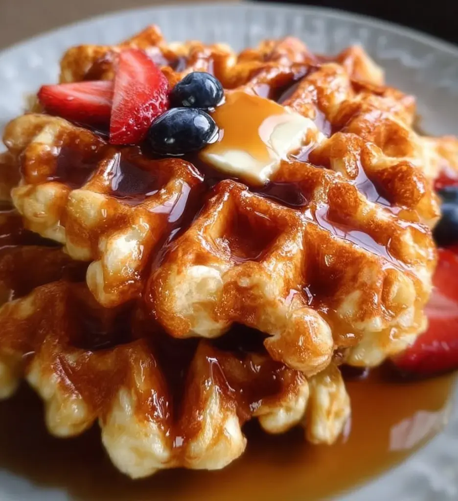 Fluffy cottage cheese waffles served with syrup and berries on a plate.