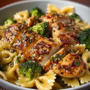 Cowboy Butter Lemon Bowtie Chicken dish with broccoli on a plate