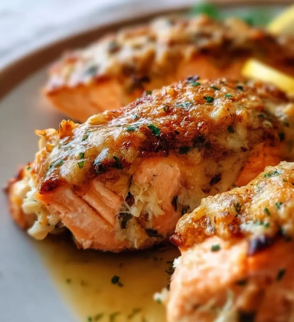 Delicious crab stuffed salmon with a creamy crab filling and fresh herbs