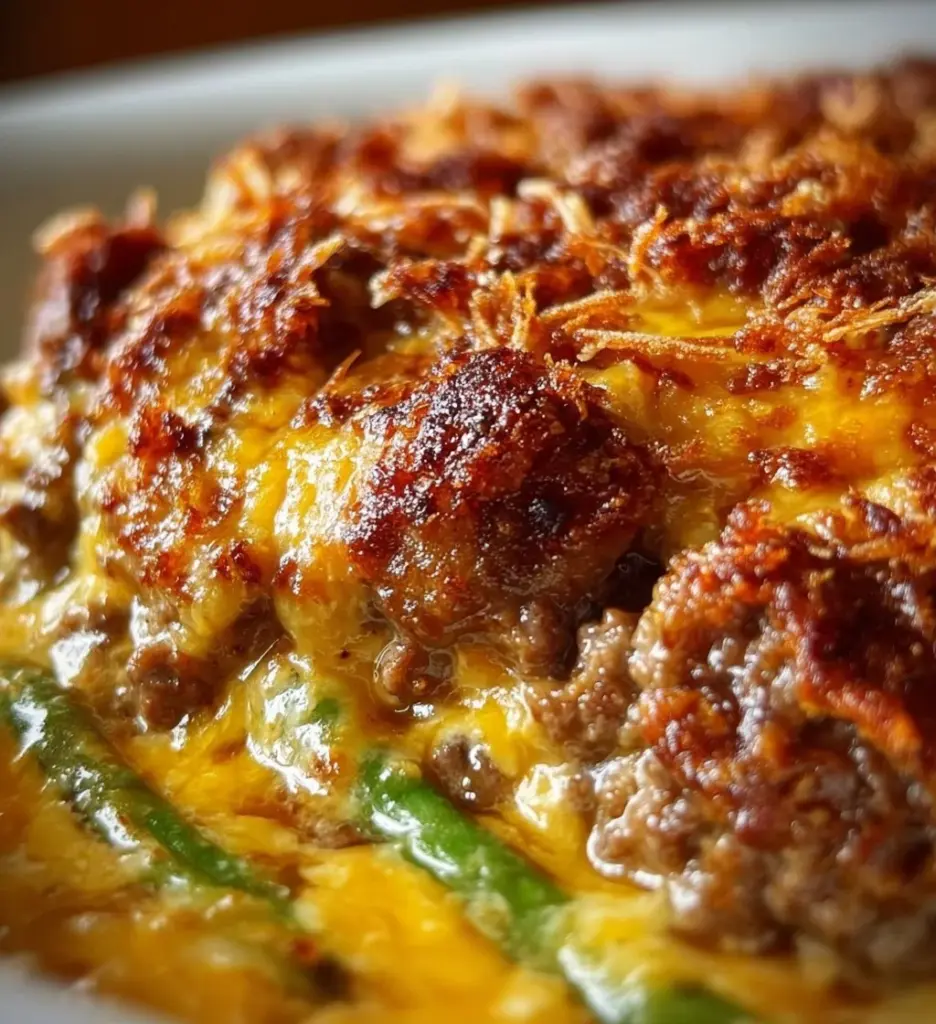 Delicious creamy and crispy hamburger casserole served in a baking dish