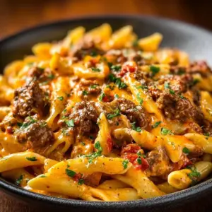 Creamy beef pasta dish garnished with herbs in a bowl