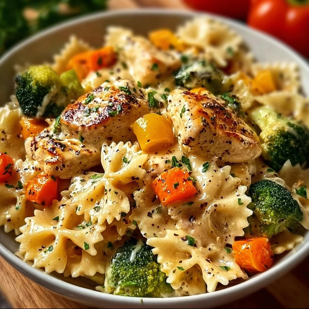 Creamy Cheddar & Havarti Chicken Bowtie Pasta with Roasted Veggies