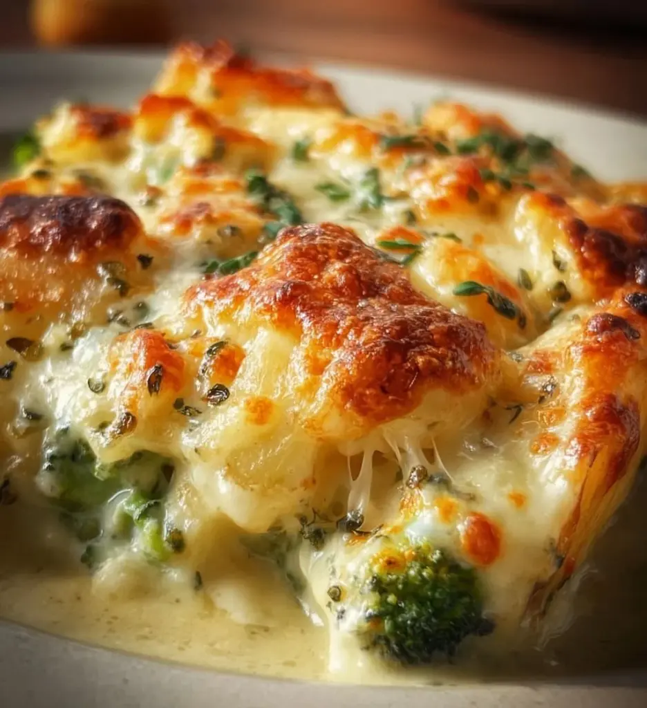 Creamy cheesy potato and veggie bake dish, ideal comfort food recipe.
