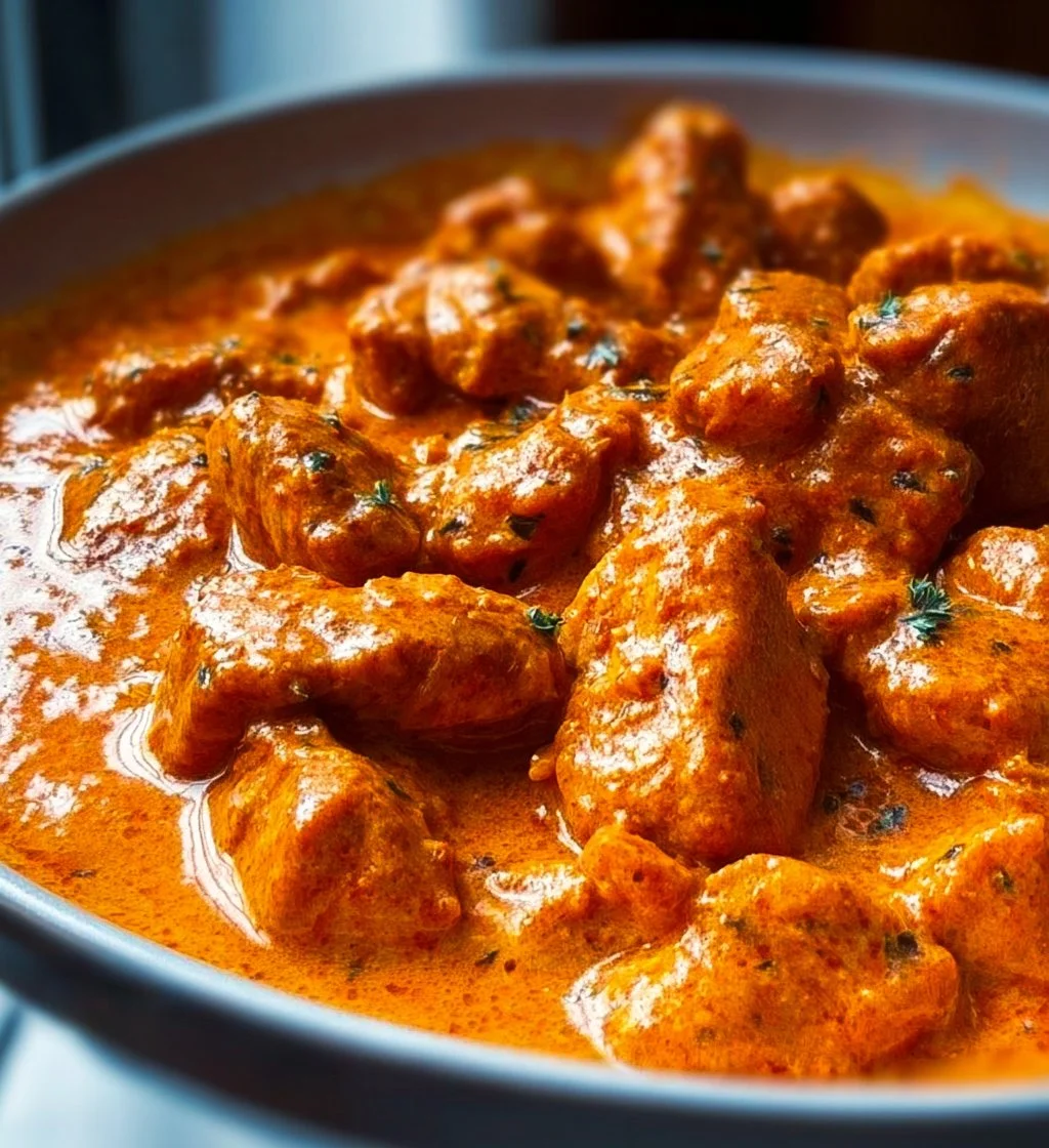 Delicious creamy Chicken Paprikash served with pasta and paprika garnish