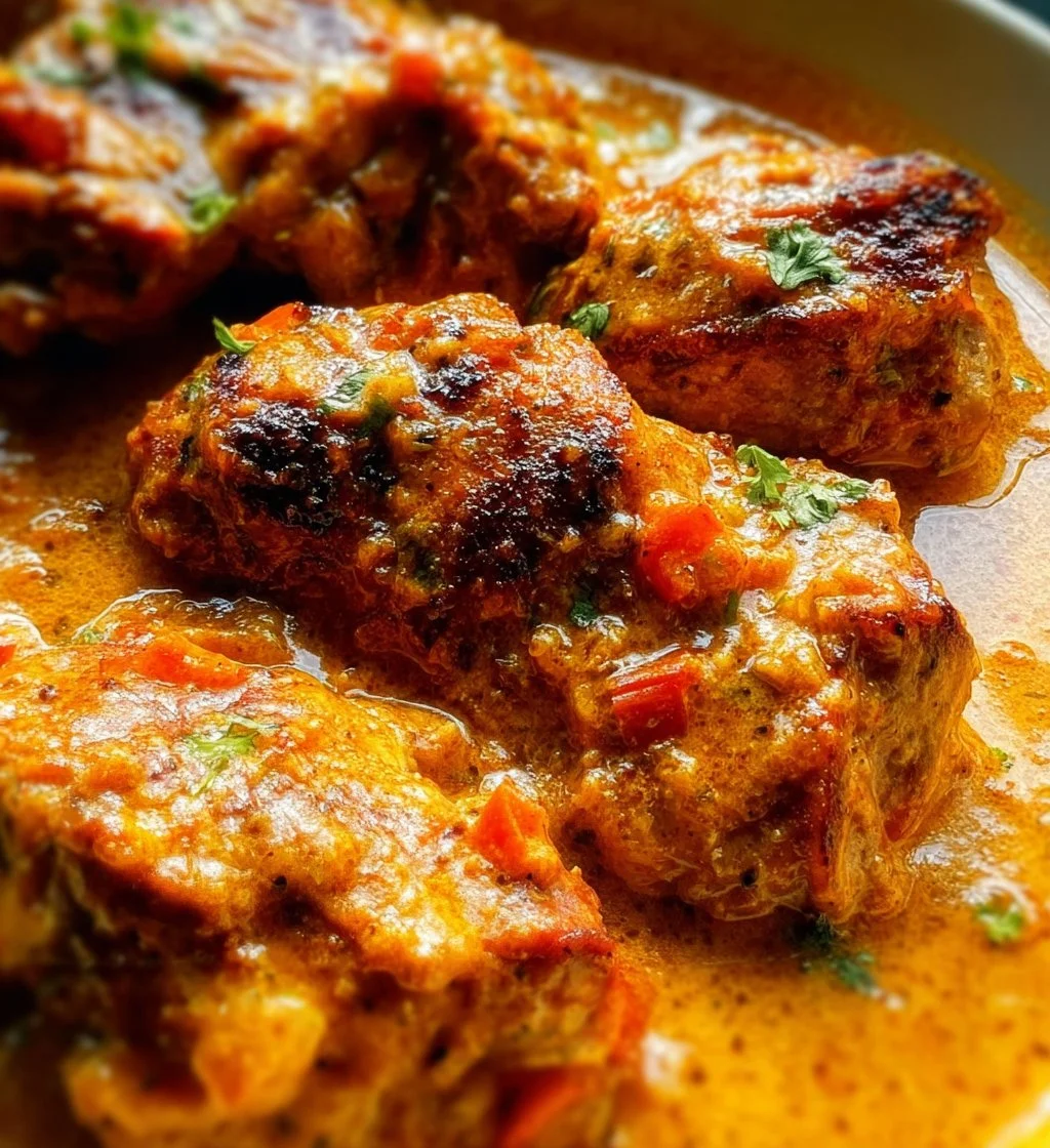 Creamy coconut milk chicken dish served on a plate with herbs