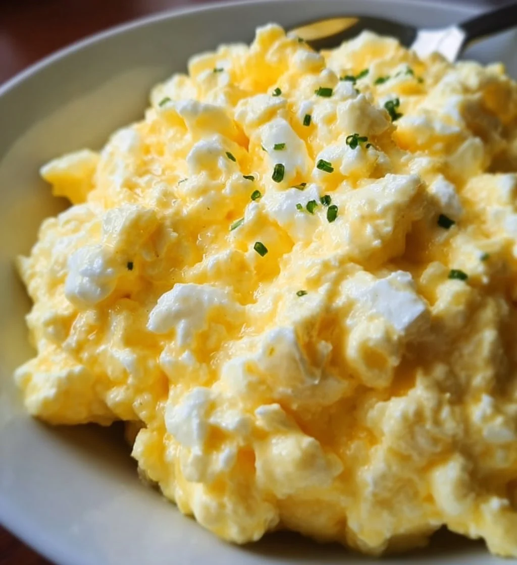 Creamy cottage cheese egg salad served in a bowl with herbs