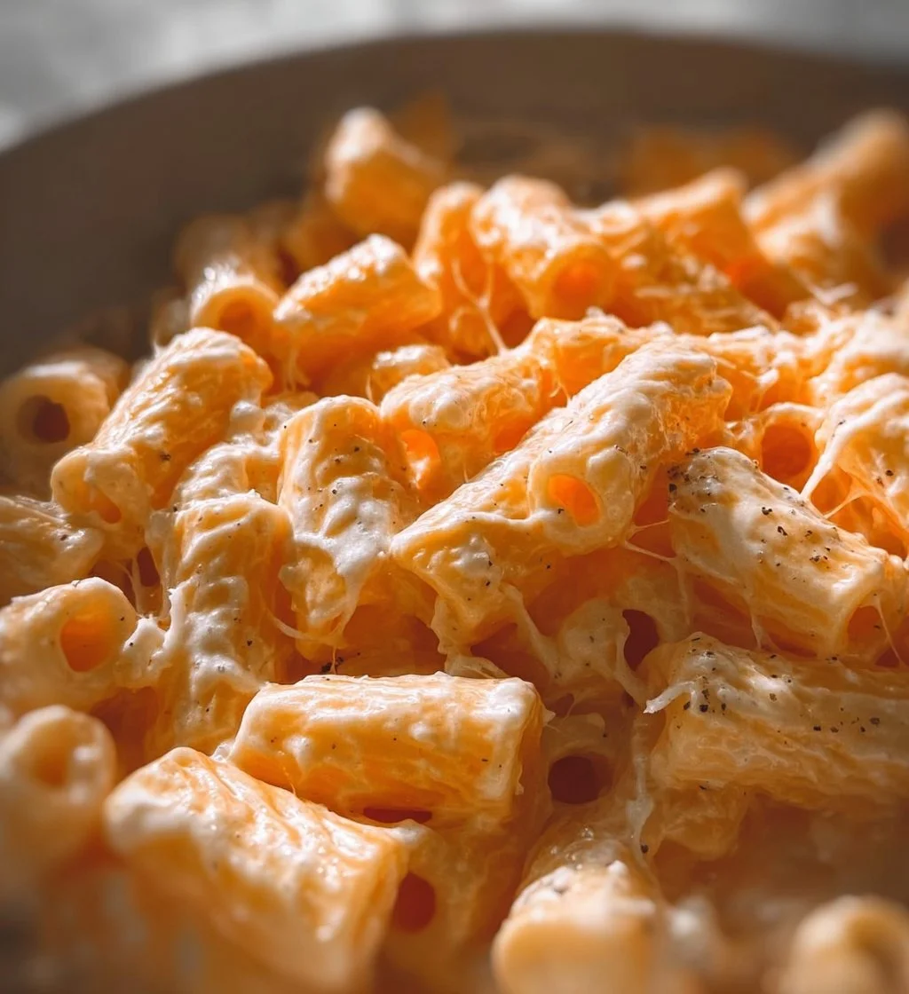 Creamy cottage cheese pasta dish garnished with herbs and pepper.