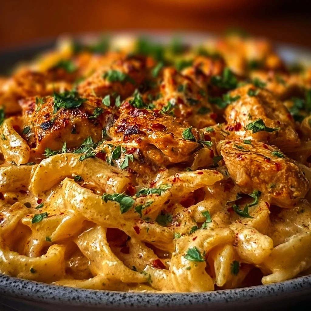 A bowl of creamy cowboy butter chicken pasta with herbs and spices