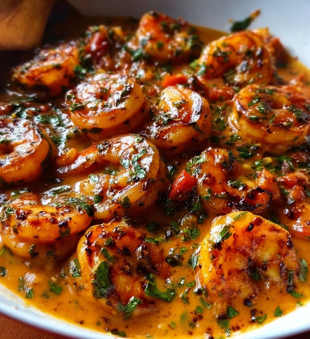 Creamy garlic-paprika shrimp skillet served with rice and garnished with parsley.