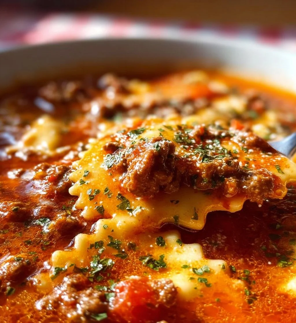 Delicious creamy lasagna soup topped with sausage and ground beef in a bowl