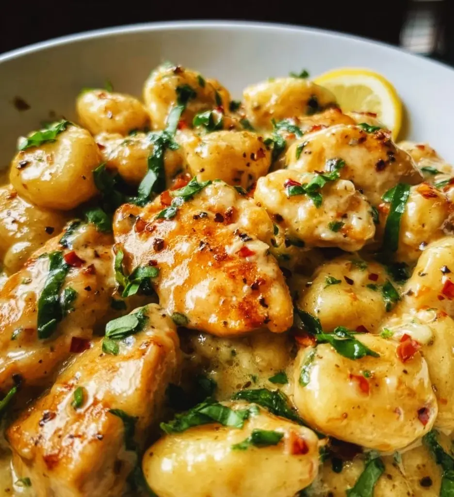 Creamy Lemon Parmesan Chicken Gnocchi dish served in a bowl