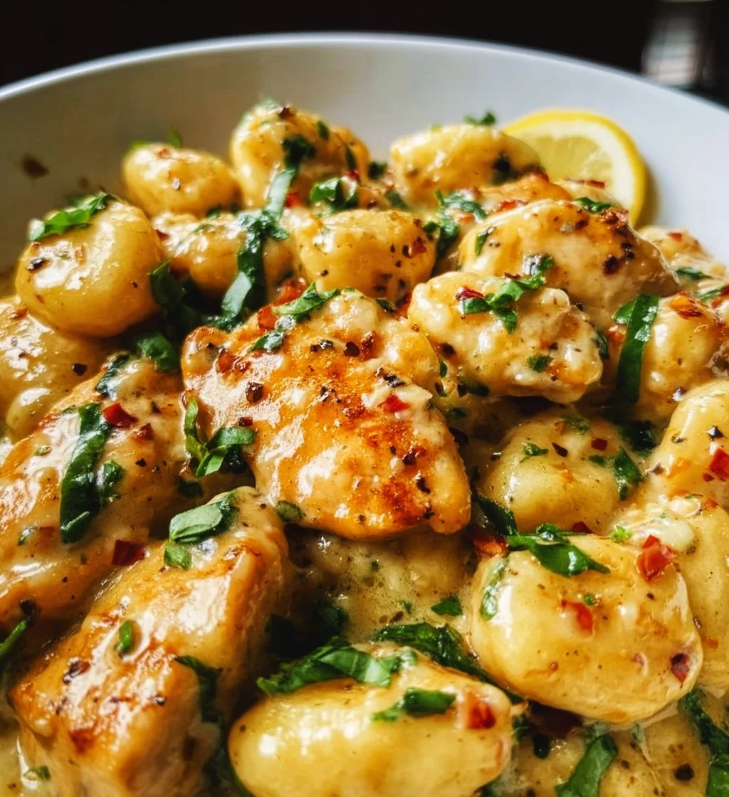 Creamy Lemon Parmesan Chicken Gnocchi dish served in a bowl