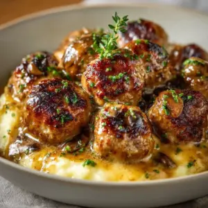 Creamy mushroom chicken meatballs served with a side of fresh vegetables