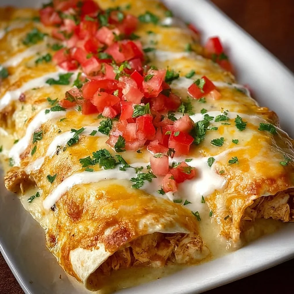 Delicious creamy queso chicken enchiladas topped with cheese and garnished.