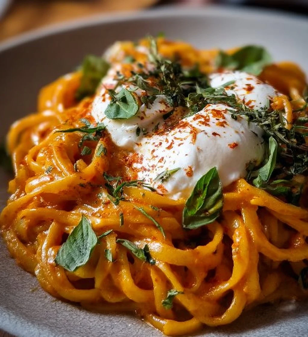 Creamy red pepper pasta with burrata and herbs served in a bowl