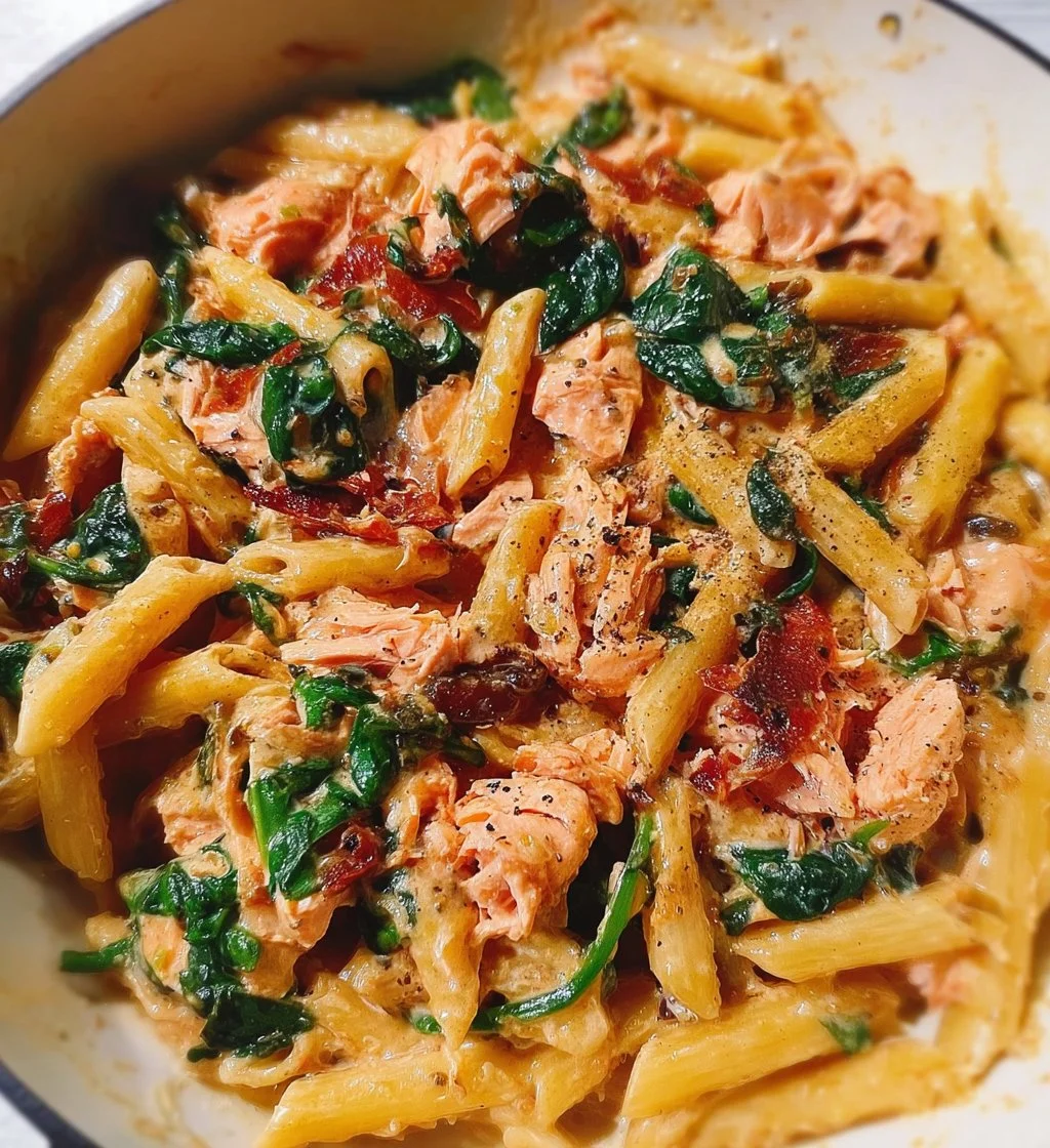 Creamy salmon pasta with sun-dried tomato cream sauce and fresh spinach.