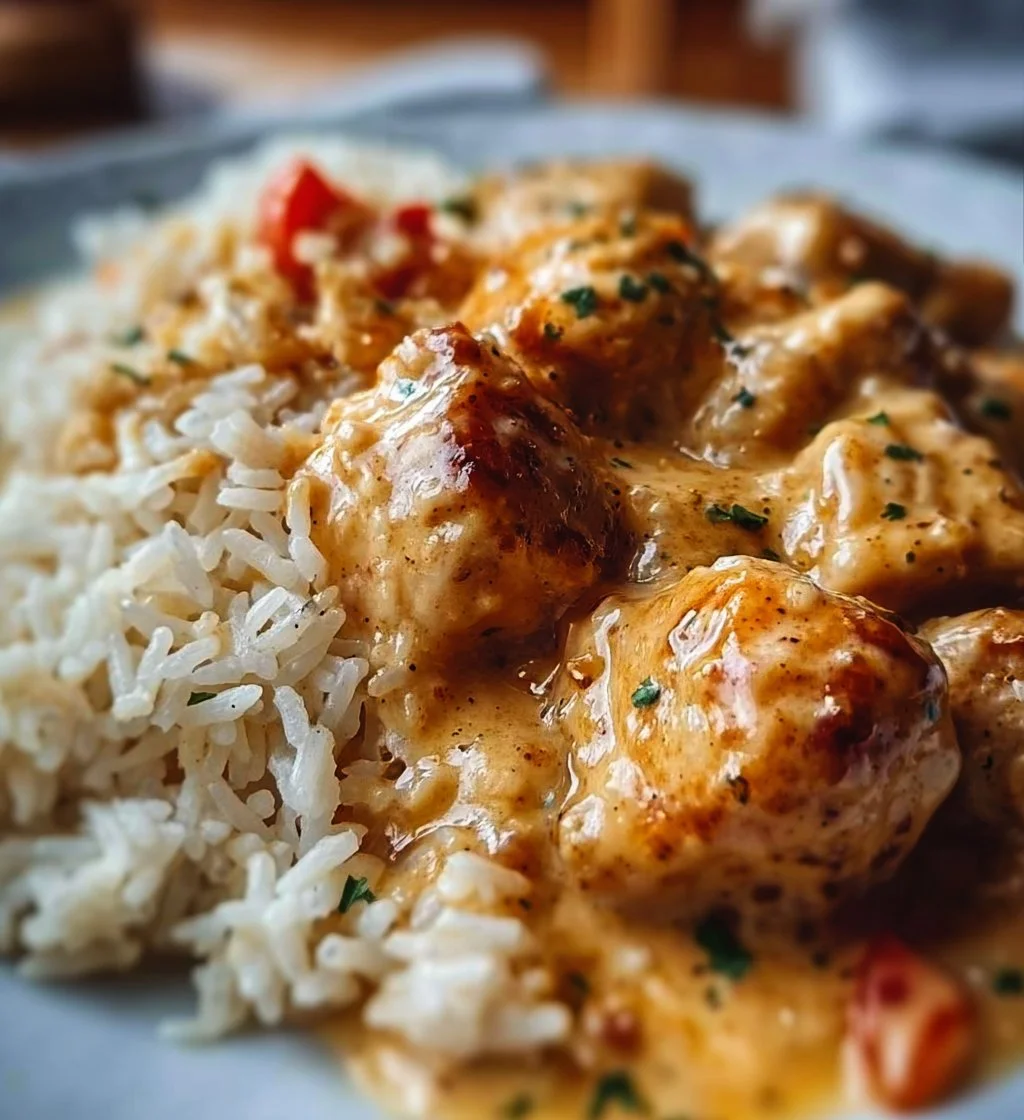 Creamy smothered chicken served over fluffy rice, garnished with herbs.