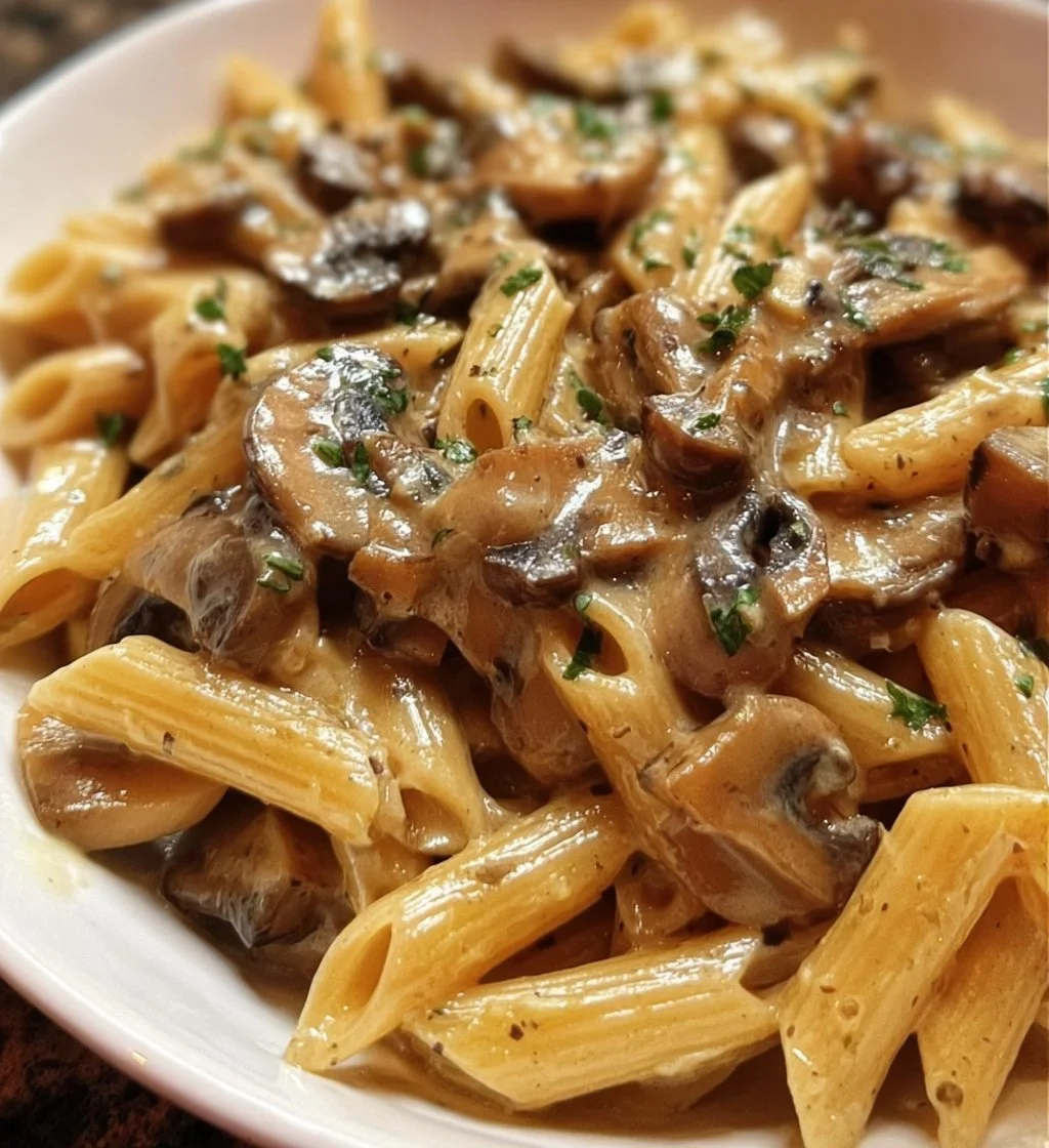 Creamy Tuscan mushroom pasta skillet with fresh herbs and mushrooms