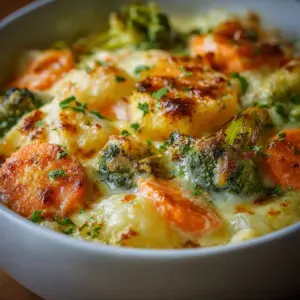 Creamy winter vegetable casserole with colorful vegetables and a rich sauce
