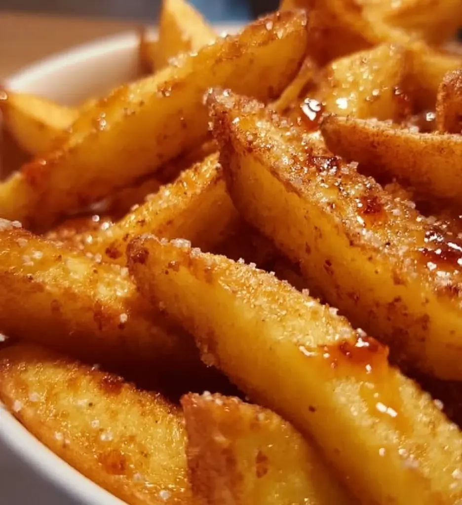 Plate of crispy air fryer apple fries served with a sweet dip