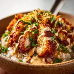 Crispy Cajun chicken rice bowl with vibrant vegetables and spices.