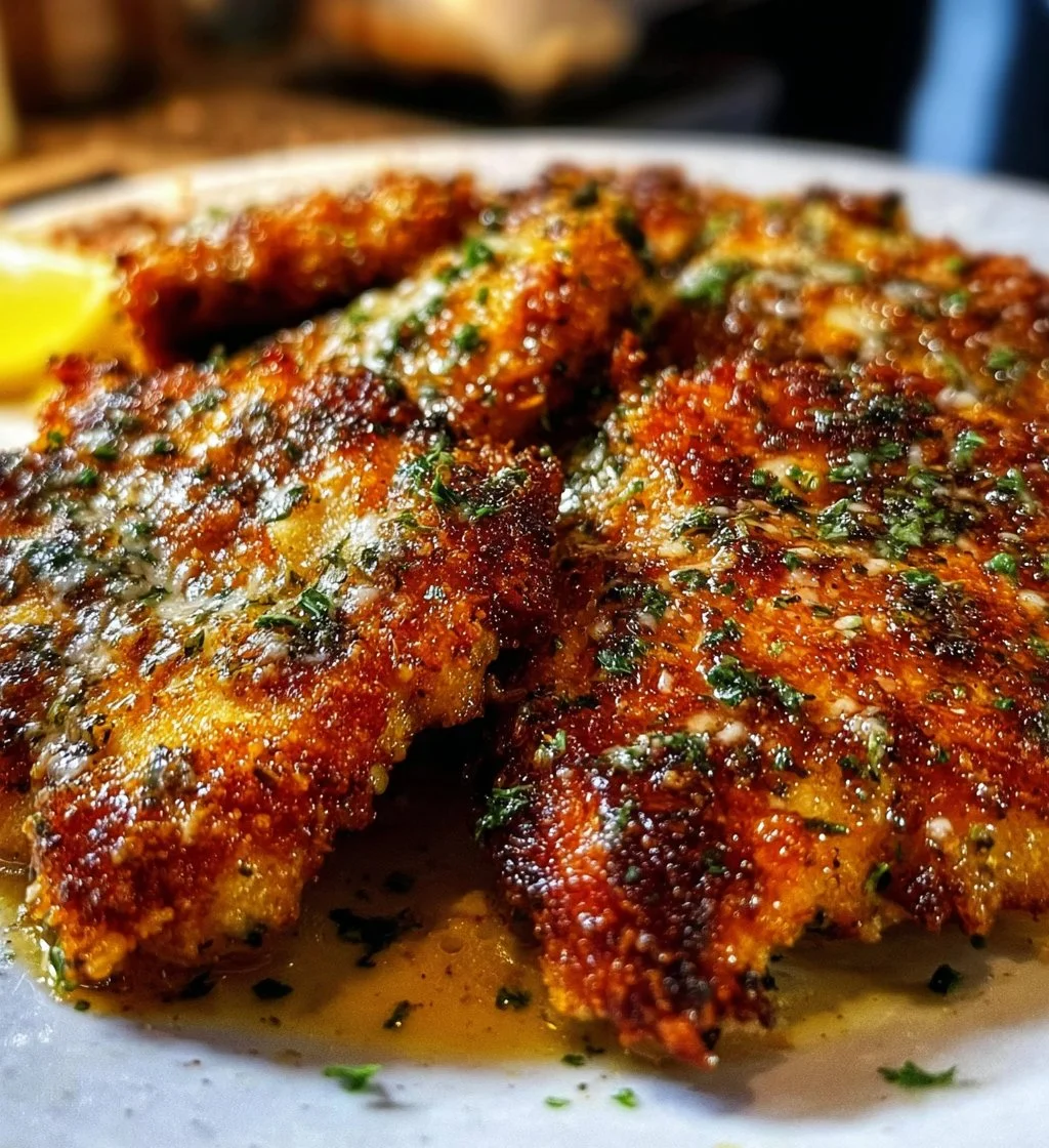 Crispy Parmesan-crusted chicken garnished with herbs on a plate