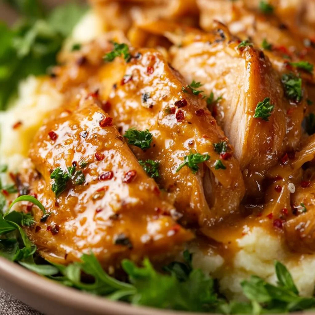 Crockpot Honey Mustard Chicken served on a plate with garnish