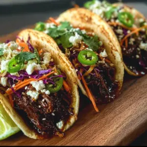 Crockpot Korean beef tacos topped with fresh veggies and served in warm tortillas.
