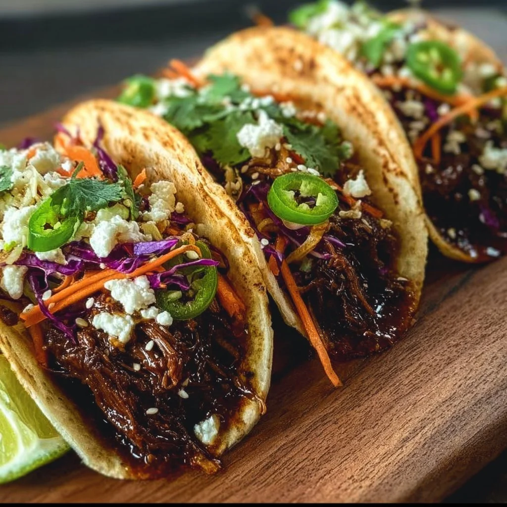 Crockpot Korean beef tacos topped with fresh veggies and served in warm tortillas.
