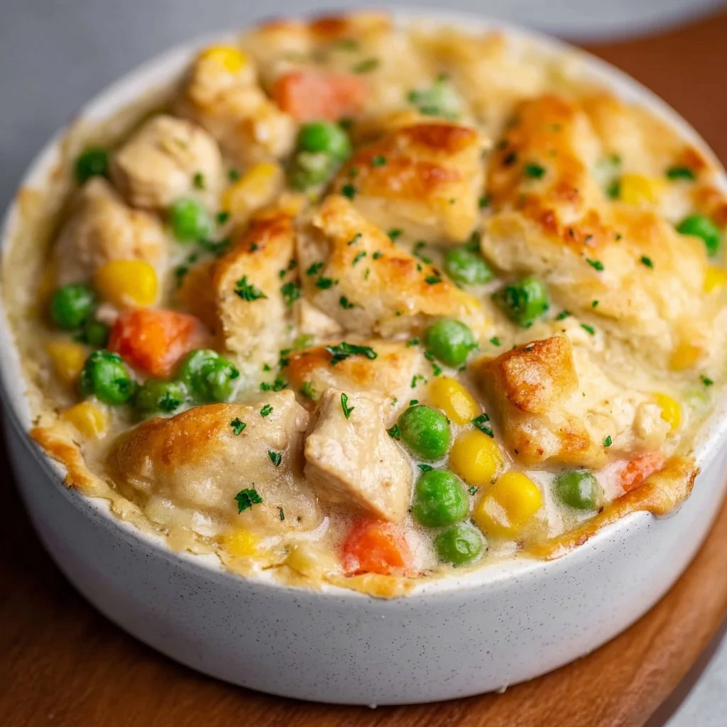 Delicious crustless chicken pot pie served in a bowl with vegetables and herbs.